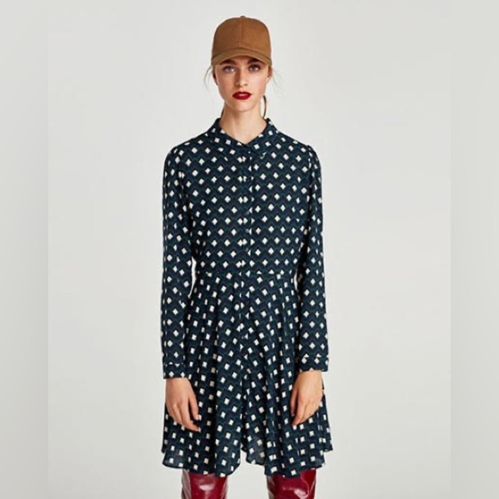 Zara Women’s Dark Blue & Green & White Geometric Print Long Sleeve Dress